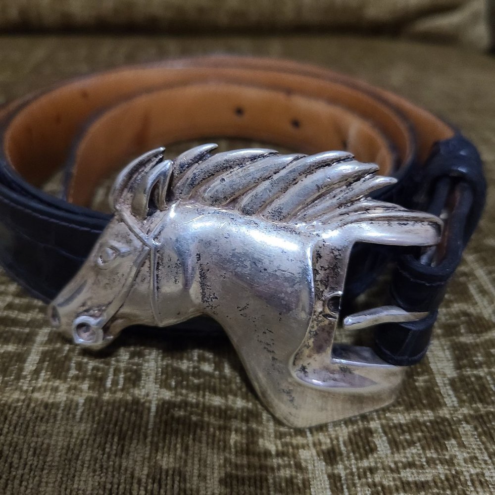 Belt silver horse head blue strap